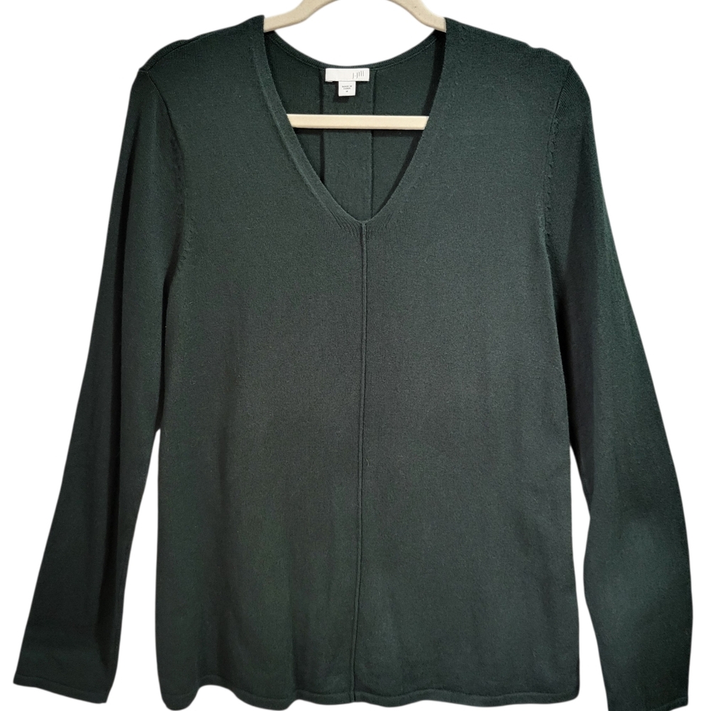 J Jill Sweater Tunic Top Sz M Forest Green Pleat Back V Neck Long Sleeve Casual